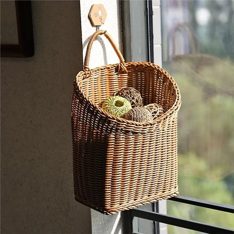 PZHI Woven Rattan Wall Basket, Handmade Hanging Wicker Baskets, for Door, Garden, Farmhouse, Home Decor, 11.8x9.8x7.8 Inch