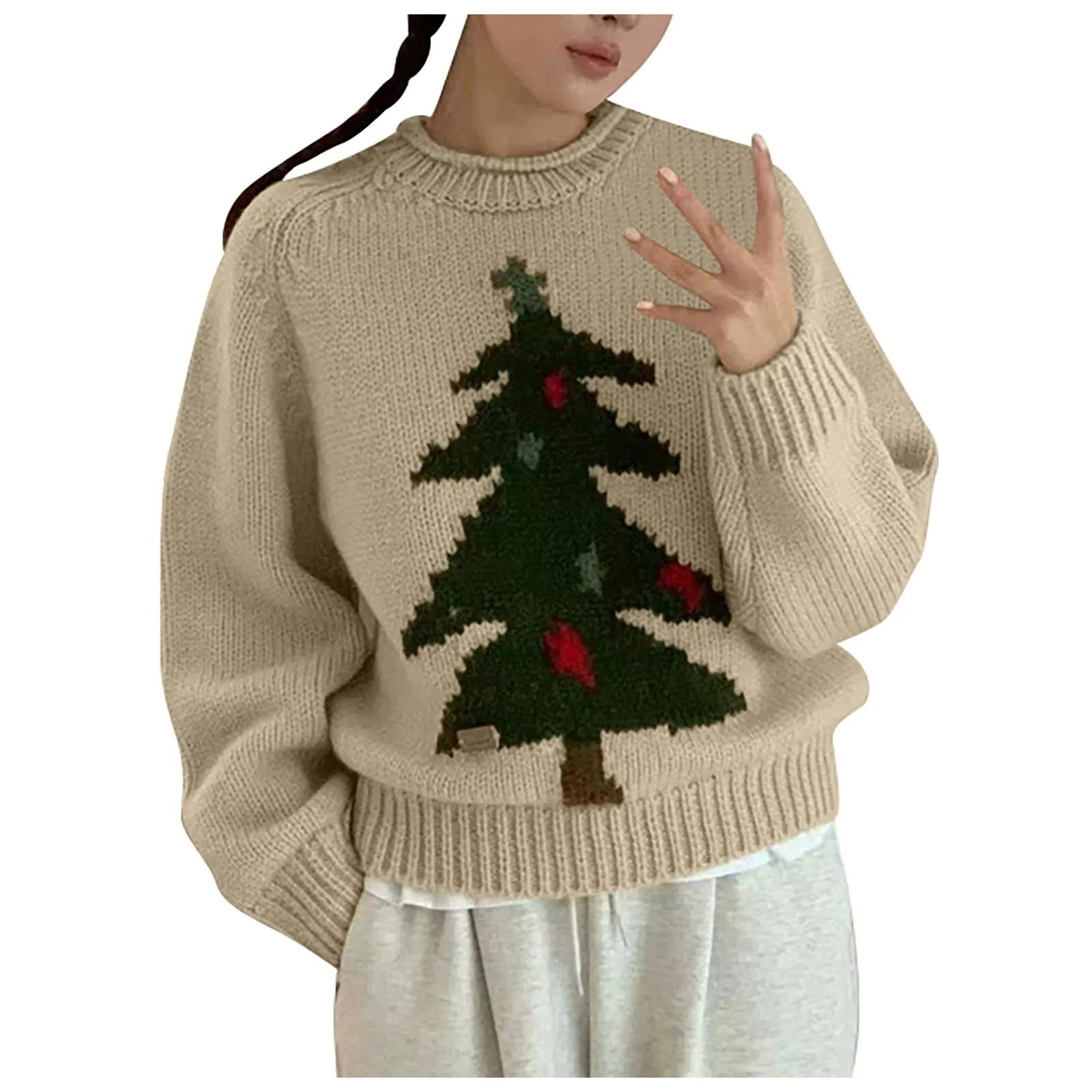 New Year Women\'s Christmas Tree Knit Warm Sweater Long Sleeve Round Neck Pullover 2024 Autumn Winter Lady Holiday Clothes ﻿