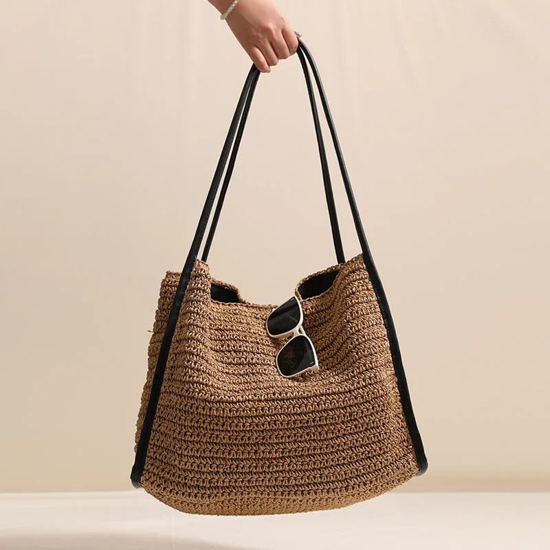

New Niche Solid Color Women's Vacation Beach Fashionable Shoulder Bag Large Capacity Grass Woven Bag