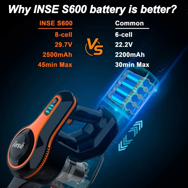 Vuoto portatile senza fili INSE S600 senza fili, potenza di aspirazione 23Kpa, tazza di polvere da 1,2 litri, batteria rimovibile, vuoto portatile da 250W