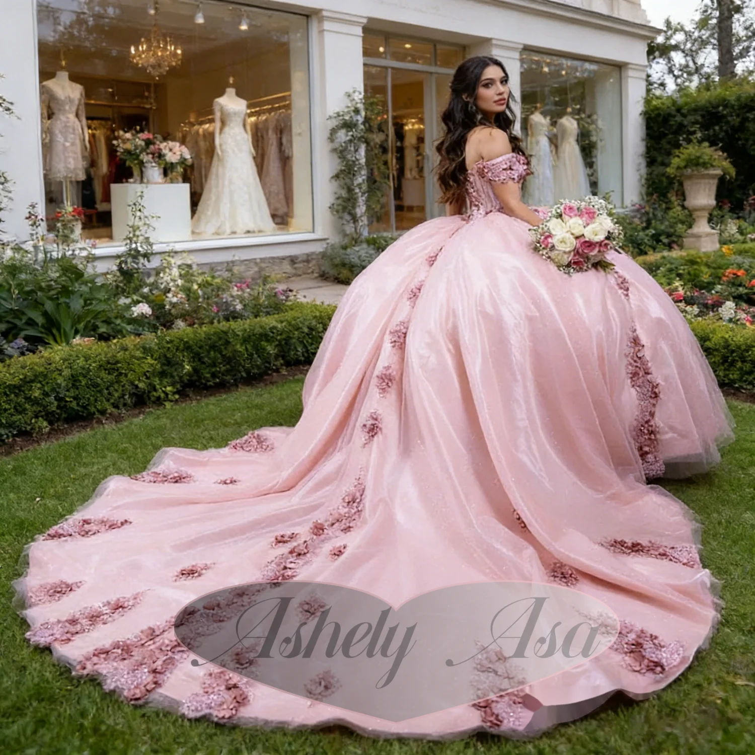 

Customized Pink 3D Flower Ball Gown Quinceanera Dresses Off The Shoulder Appliques Lace Vestidos De 15 Años Women Prom Party