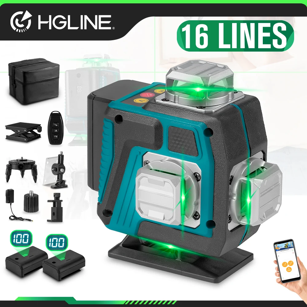 HGLINE 16 Linee 4D Strumento di livellamento del livello laser Display di alimentazione Macchina di livello laser a croce orizzontale e verticale autolivellante 360