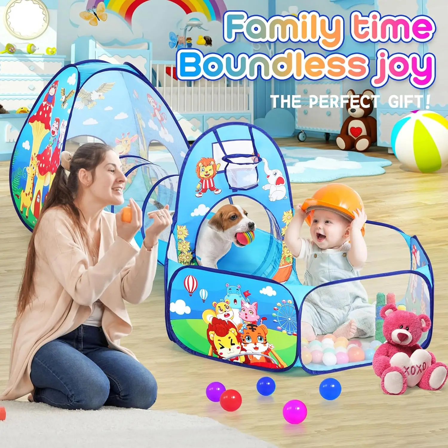 Tenda da gioco per bambini 3 in 1 per bambini con pozzo per palline e tunnel da gioco, casetta da gioco per interni ed esterni per bambini con tunnel da arrampicata giocattolo