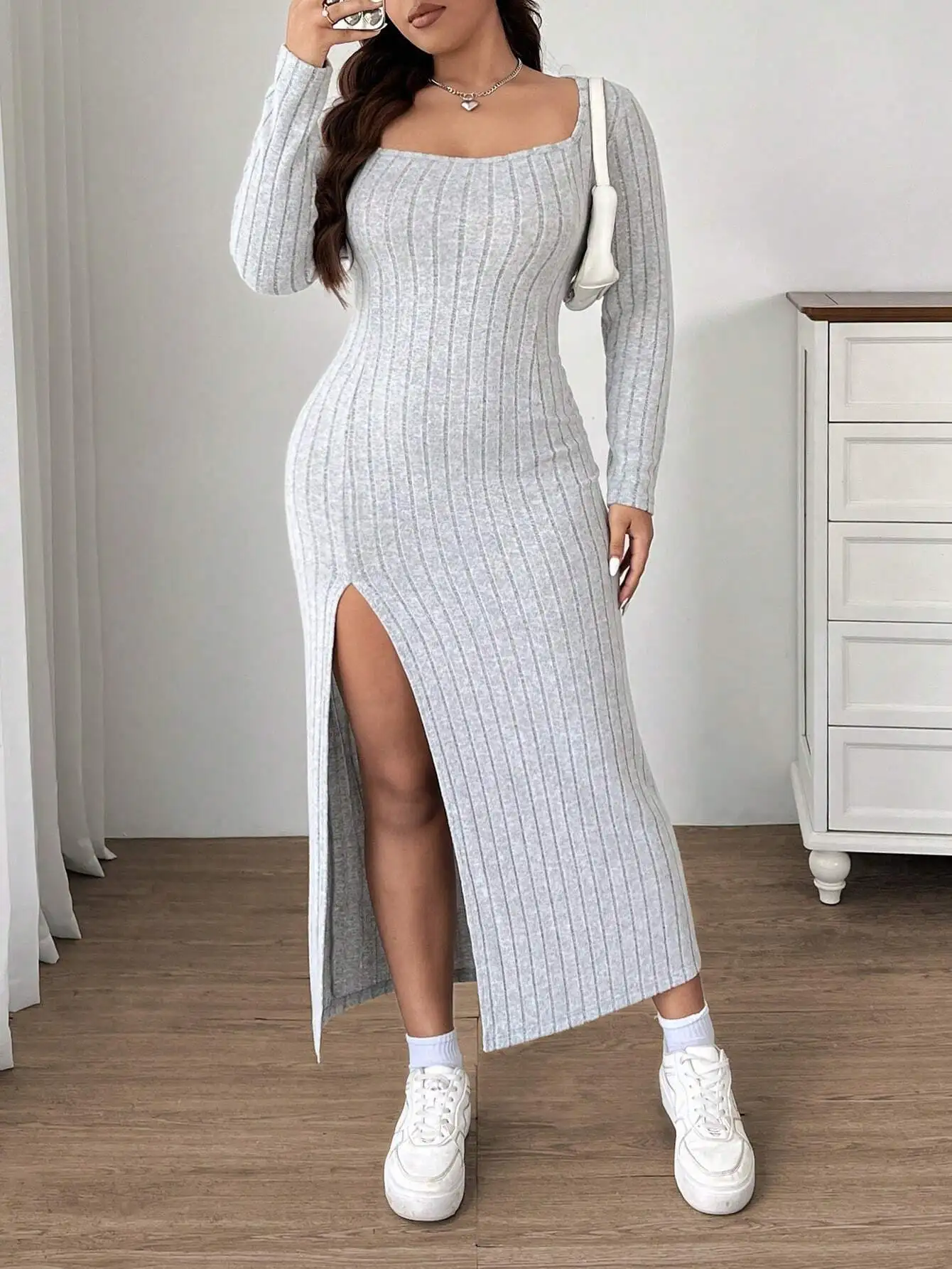 Plus Size Split Ribbed Midi Elegant Dress Female Fashion Design Vestido Solid Lady Office Cloth 2024 Autumn Women Evening Dress