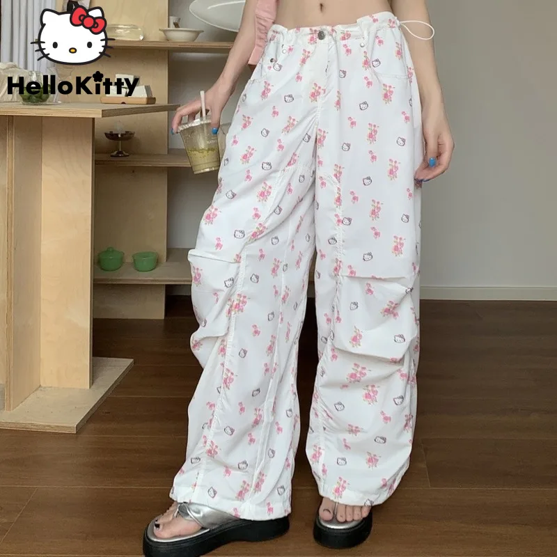 

Sanrio Hello Kitty Trendy Summer Thin Wide Leg Pants Korean Style Drawstring Loose Straight Trousers Y2k Women Streetwear Pants