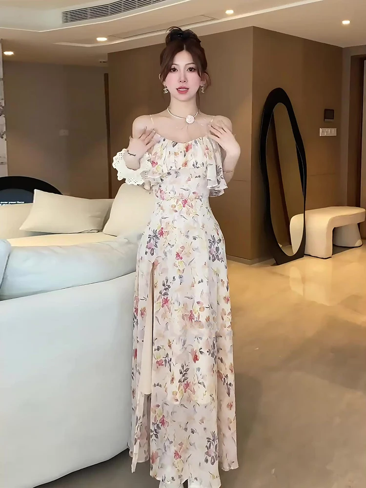 فستان وصيفة الشرف أنيق بنقشة زهور وقصة ضيقة مع كتف مكشوف للنساء صيفي من البوليستر