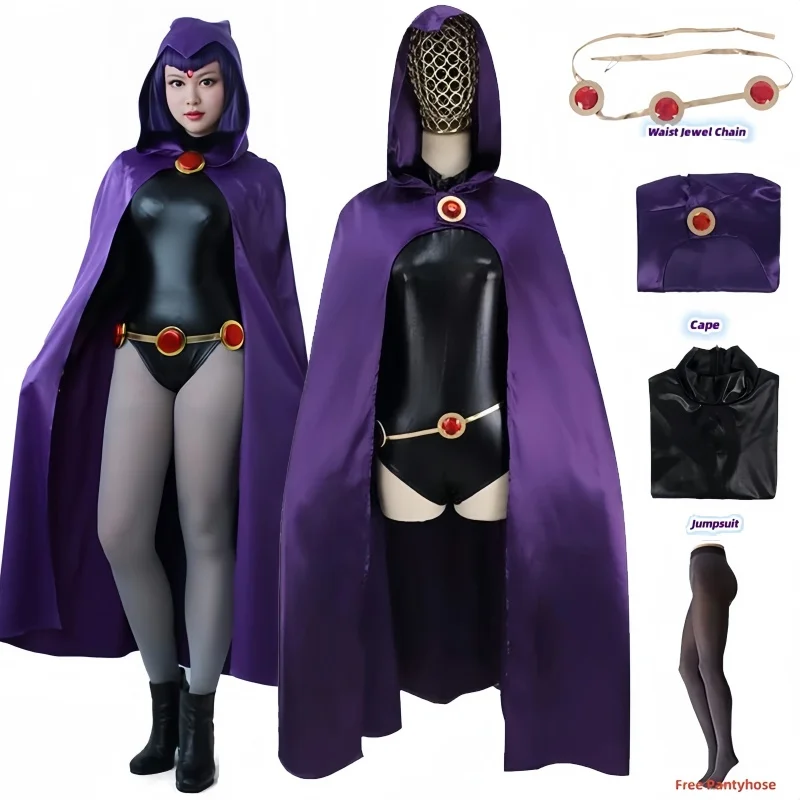 Teen Titans Raven Cosplay-Kostüm, Damenkostüm, magisches Mädchen, Cosplay-Kampf-Body, komplettes Set mit lila Kapuzenumhang