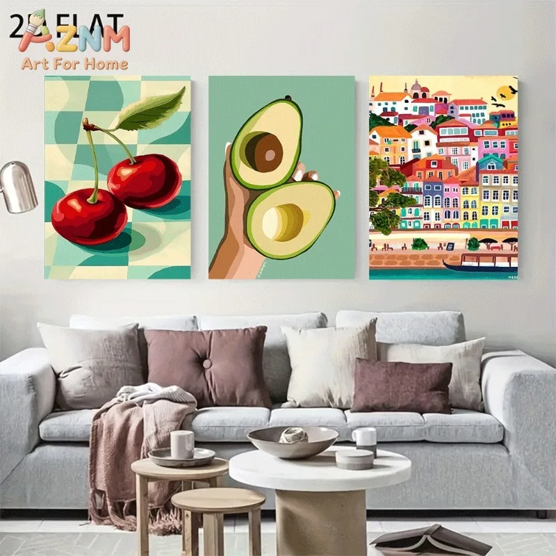 Retro Fruit Colorful City Canvas Wall Art 3pcs Cherry Avocado Hand Mediterranean Town Scenery Unframed Canvas Print For Kitchen