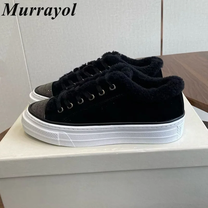 Snow Boots Cow Suede Flat Thick Bottom Boots Women Round Toe String Bead Decor Lace Up Wool Lining Winter Warm Casual Shoes