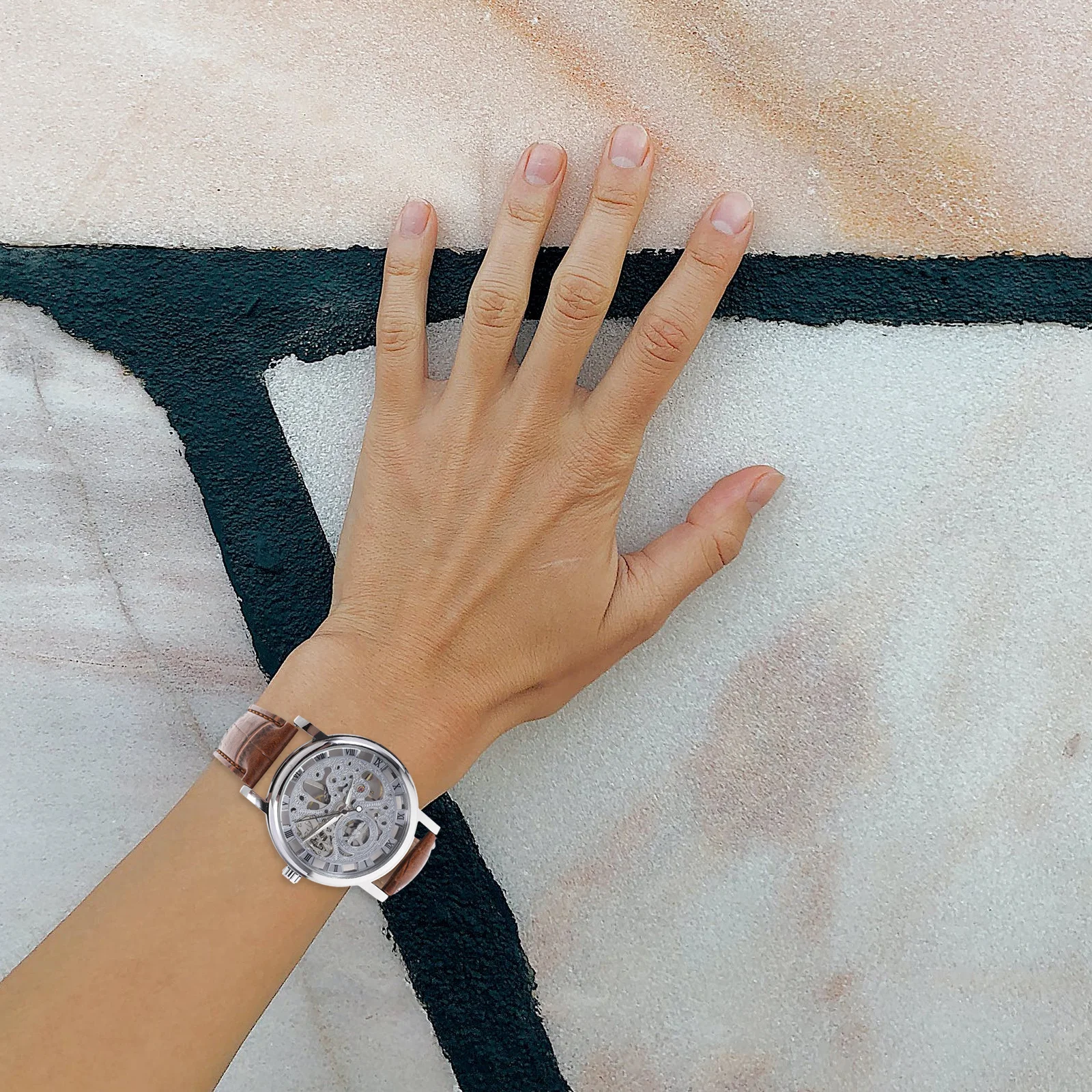 

Mechanical Watch Men'S Pu Stainless Steel Band Wristwatch White Mechanical Wrist Watch Brown For Daily Wear Boys