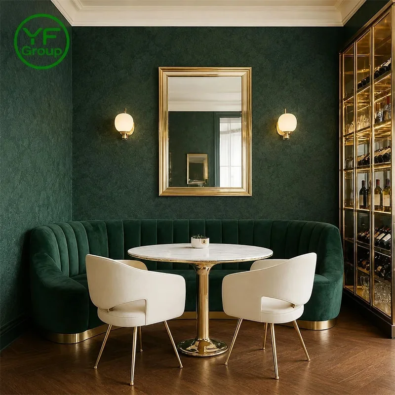One-Stop Customization Modern Table Chair Set with Green Velvet Wood Curved Booth Seating Restaurant Furniture for Hotel