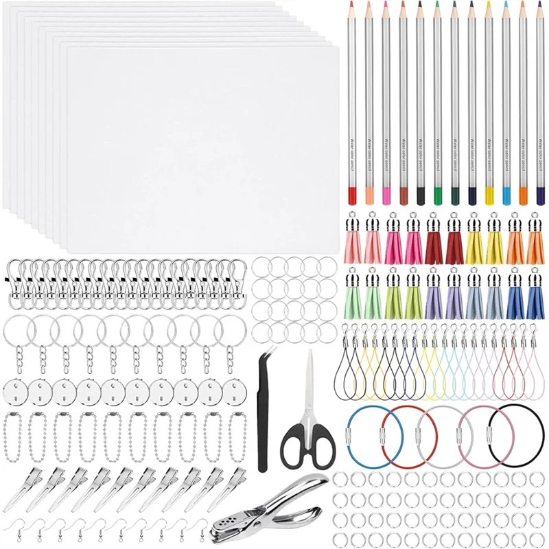 

Shrinky Paper, Colored Pencils, Tassels, Hole Punch, Keychains, Hair Clips, Shrinky Plastic Sheets Keychain Kit For Crafts