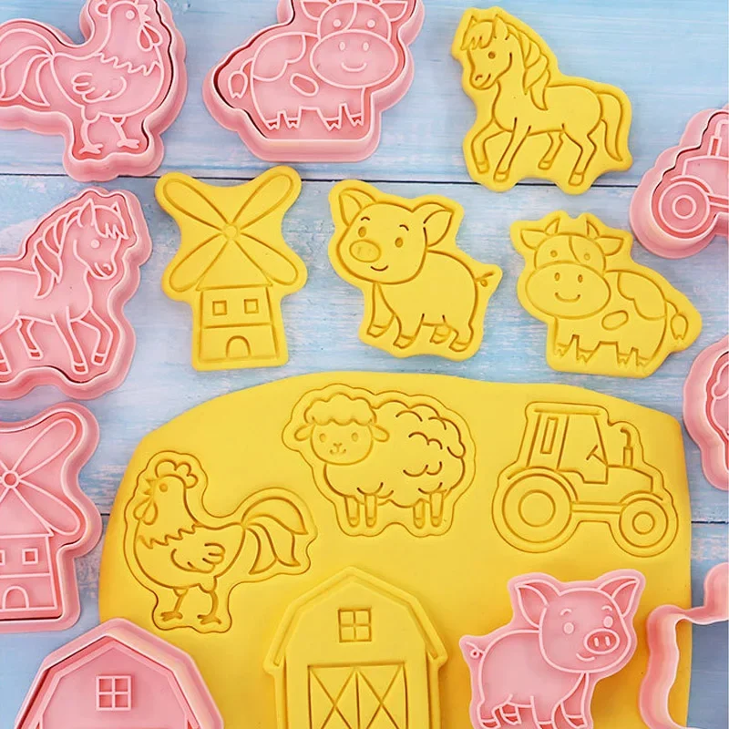 

8pc Farm Animal Cookie Cutters Cake Stamp 3D Cartoon Horse Pig Sheep Cow Cookie Mold Fondant Baking Kitchen Pastry Bakeware Tool