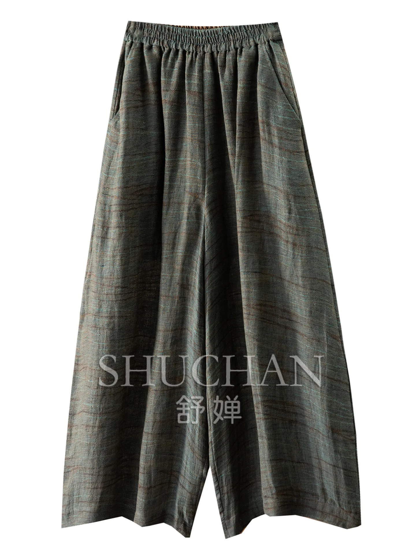 

Yarn-dyed 100% Linen High-waisted Loose Wide-leg Nine-point Pants Women 65L1 Pantalones De Mujer