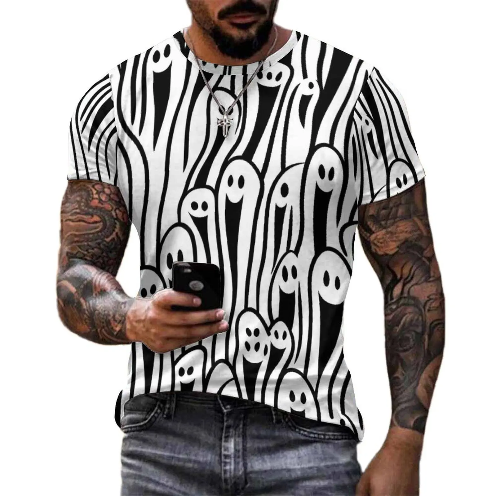 Summer T-Shirt Happy Haunts Print T Shirts Funny Ghosts Classic Popular Tees For Men Short Sleeve Pattern Oversize Tops