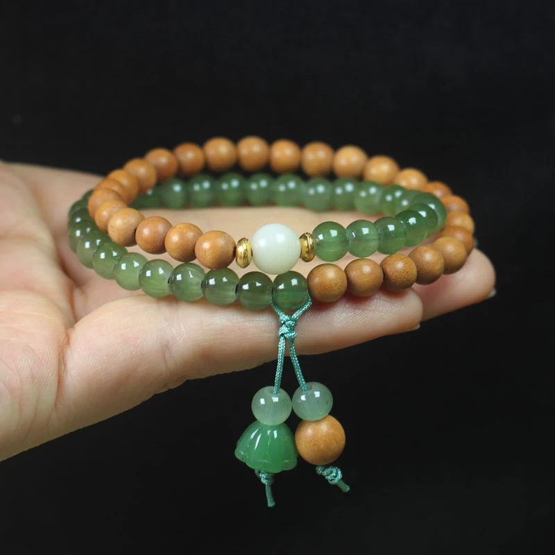 

Sandalwood 6mm double-layer bracelet with green lotus design, Chinese style, unisex cultural and religious prayer beads
