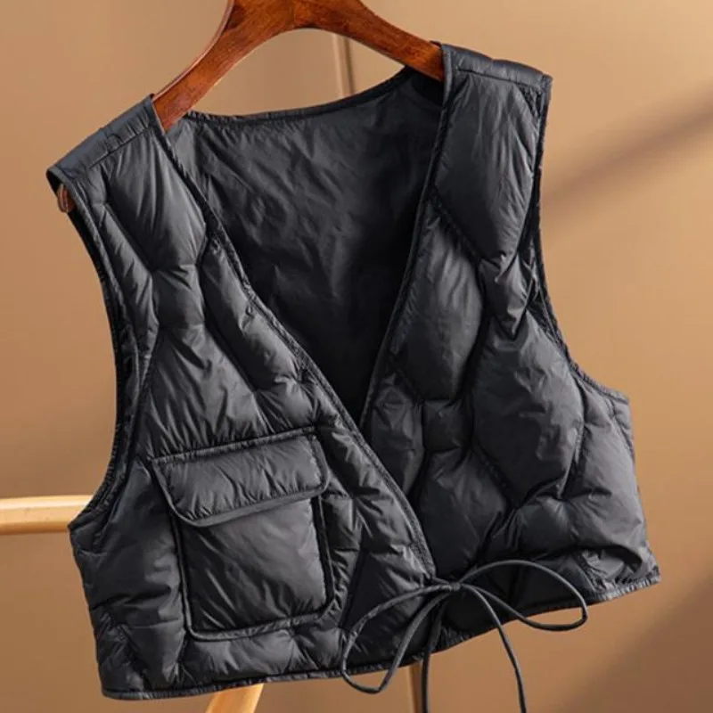 Women's Autumn Winter New Vest Quilted Tie Cropped Tops Loose V-neck Korean Cotton Waistcoat Tank Top Outerwear Black White