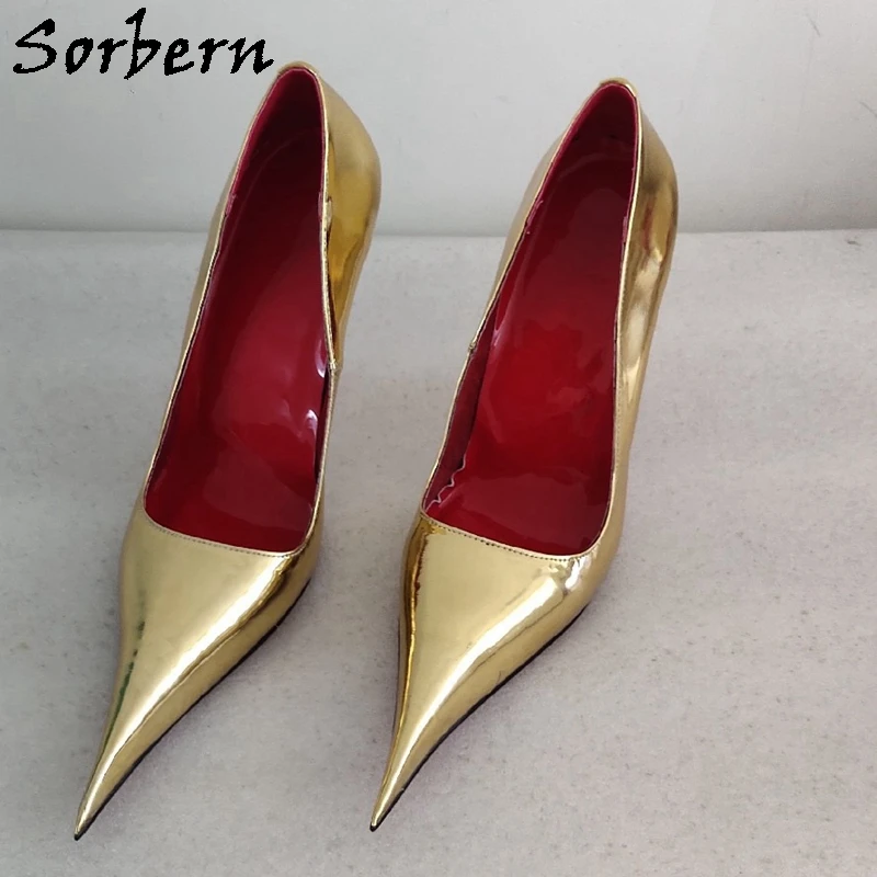 Sorbern Gold Metallic Women Pump Shoes Metal High Heel 12Cm Stilettos Long Pointed Toe Slip On Shoes Sissy Boy Footwear Custom