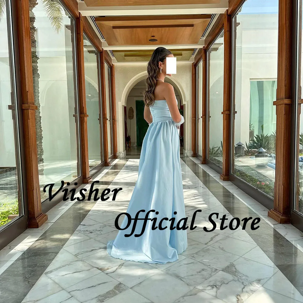 Viisher Blue Mermaid Evening Dresses for Women Pleats Satin Strapless Prom Party Dress with Train Dubai Arabic Formal Gowns