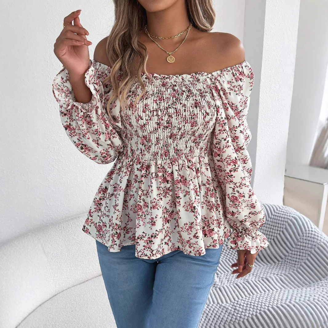 Women Spring Summer Chiffon Blouse and Shirts Long Sleeve Sequre Collar Floral Printing Shirt Tops blusas