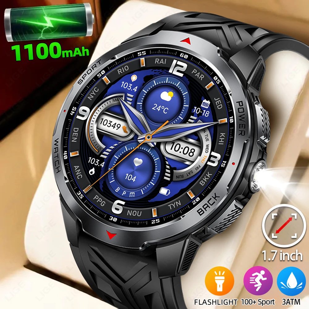 

LIGE Outdoor Sports Smart Watch 2025 New 1100mAh Battery 1.7“ HD Screen LED Flashlight Compass 3ATM Waterproof SmartWatch Men