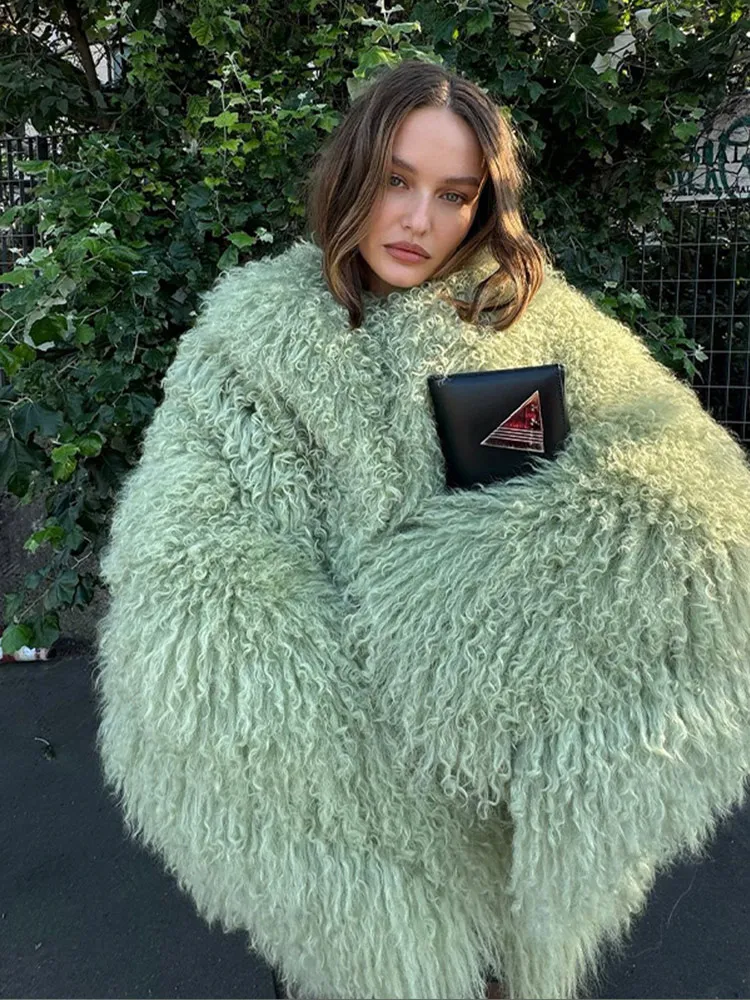 Fluffy Soft Green Plush Faux Fur Coat Women Fashion Long Sleeves Short Overcoats Autumn Winter Female Warm High Street Outwears