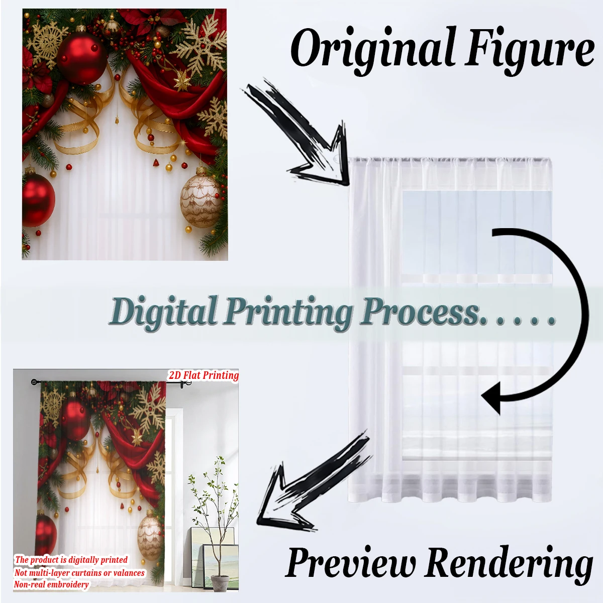 Cortina transparente con estampado plano de Navidad con bola navideña, cinta de copo de nieve, baya para decoración de sala de estar y dormitorio, fiesta navideña