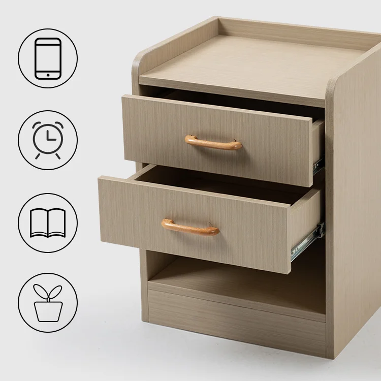 Stolik nocny vintage z drewna do sypialni, szafka nocna z 2 szufladami i otwartą półką do przechowywania.