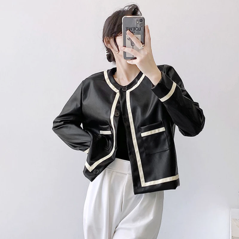 Women Pu Jackets Spring Fall French Vintage Contrast Color Coat Ladies Elegant Single Breasted Pocket Faux Leather Clothing New