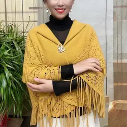 Versatile Shawl Women Autumn Winter Solid Color Hollowed Out Knitted Cardigan Jacket Mother Long Tassels Cape Knitting Bib Scarf