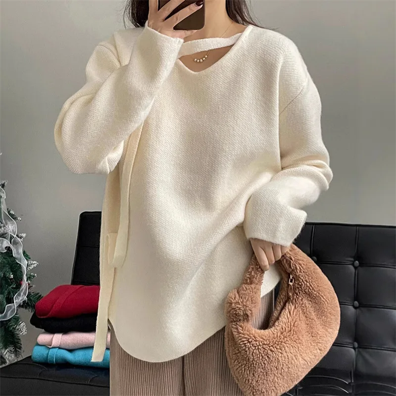 2025 Autumn/Winter New Design Knitted Sweater with Waist Strap Side Buckle Gentle Style Solid Color Sweater for Women