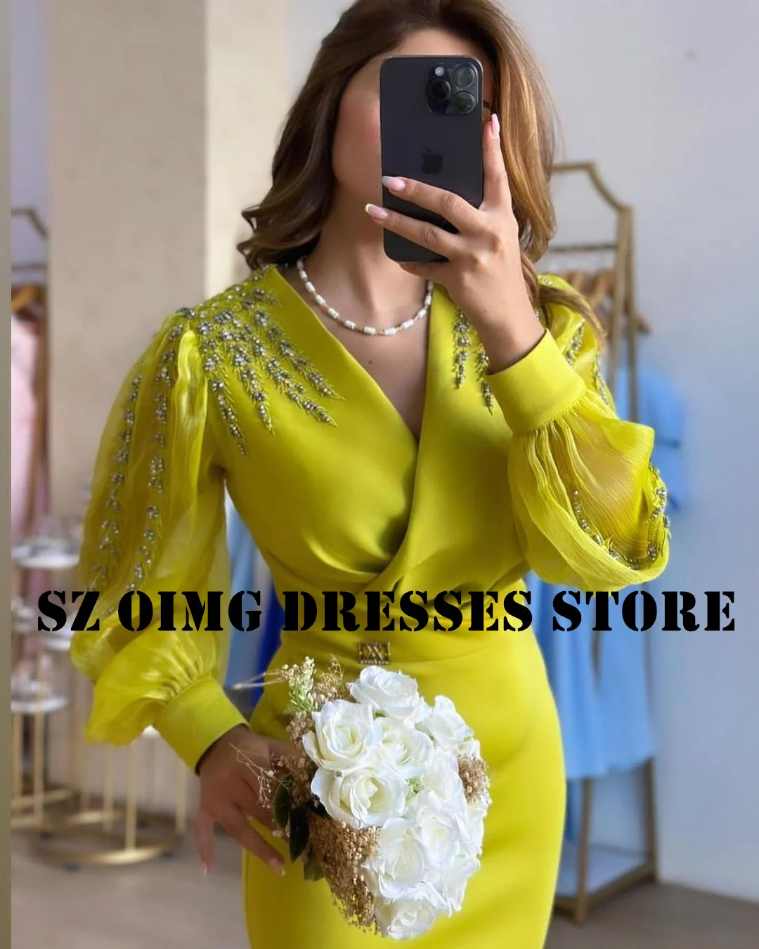 OIMG New Design Satin Customized Beads Prom Dresses Arabic Women Ruched Sheath Puff Sleeves Green  Gowns Formal Party Dress