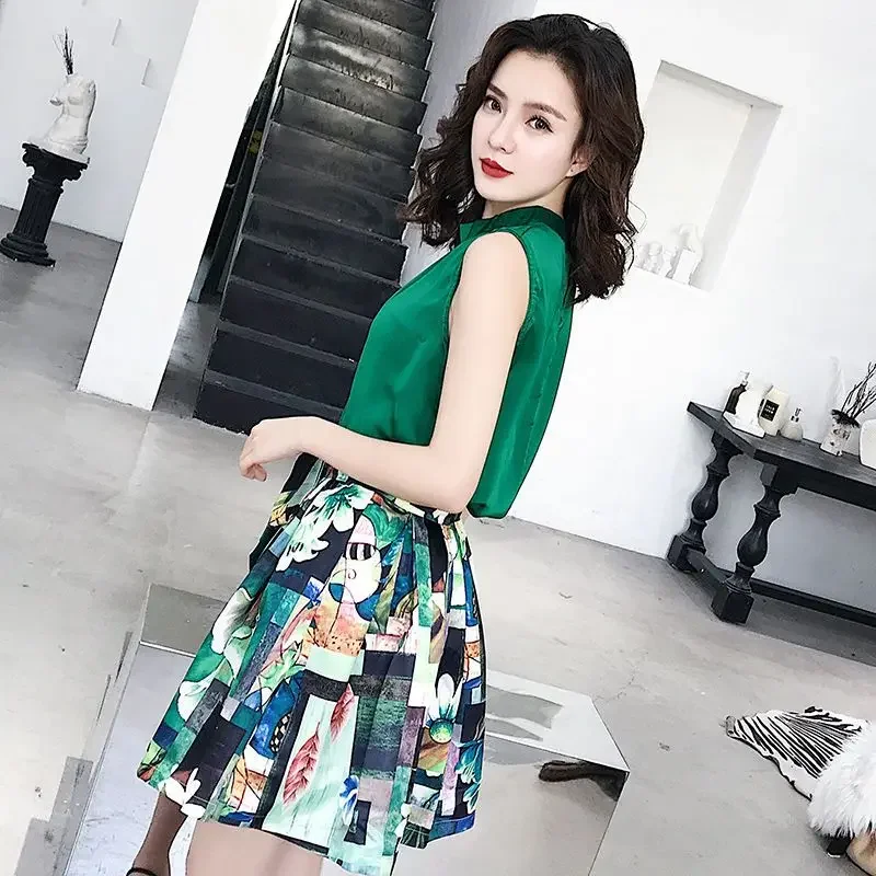 Mini Solid Color Dress Skirt Woman Outfit Mature Printing Short 2 Pieces Sets for Women Beach Formal Occasion New Matching Korea