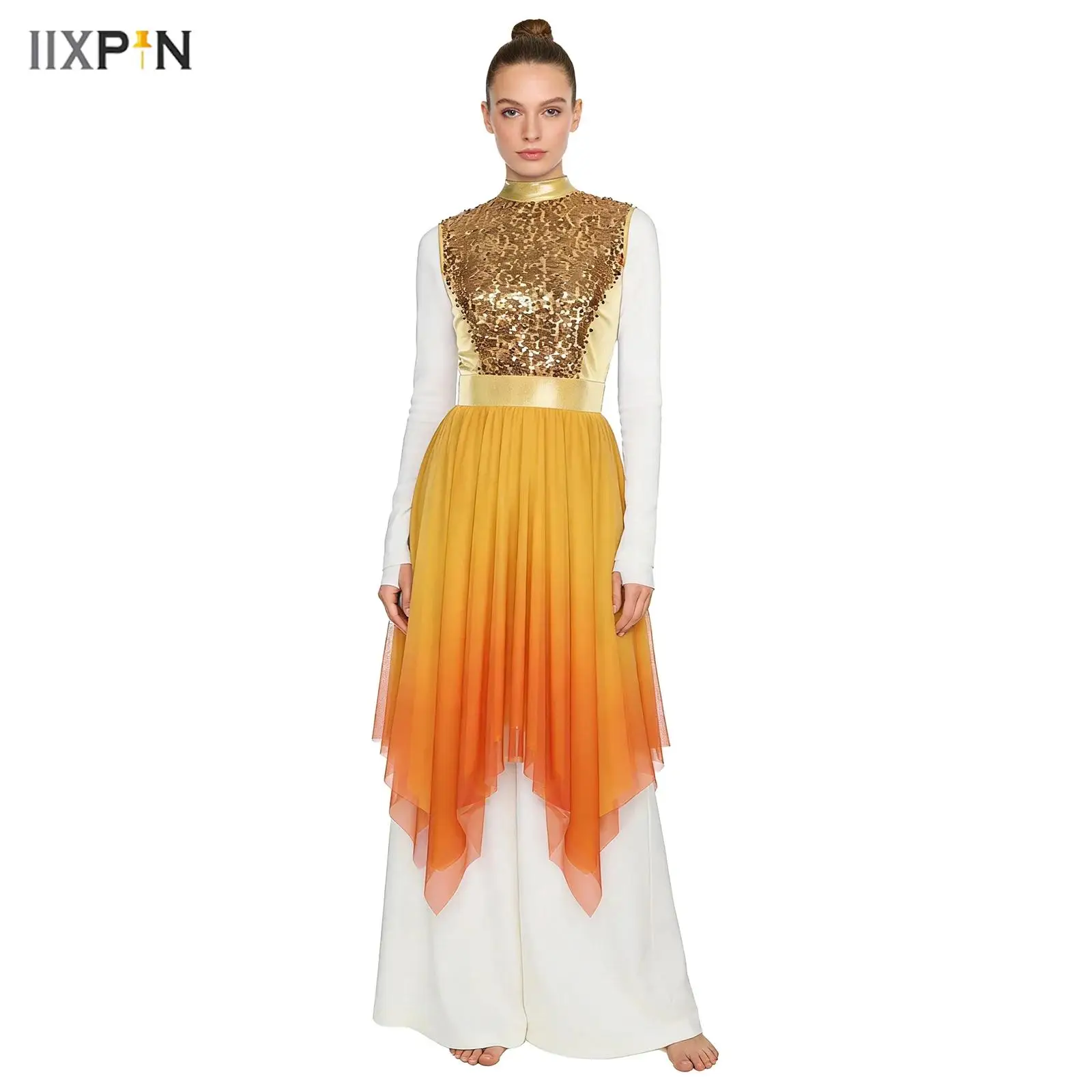 

Womens Worship Praise Dance Dress Glittery Sequined Sleeveless Bodice Gradient Mesh Irregular Hem Lyrical Liturgical Dance Dress