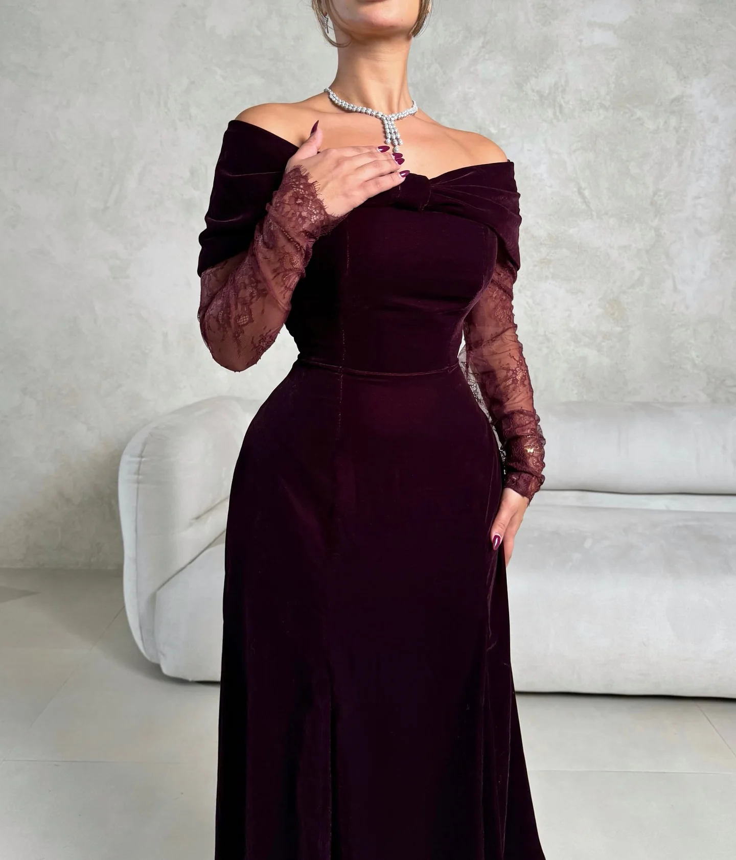 QA Elegant Sharon Happy Evening Dresses Off-the-shoulder Velvet Lace Long Sleeves Bow Pleats A-line Prom Floor Length Zipper