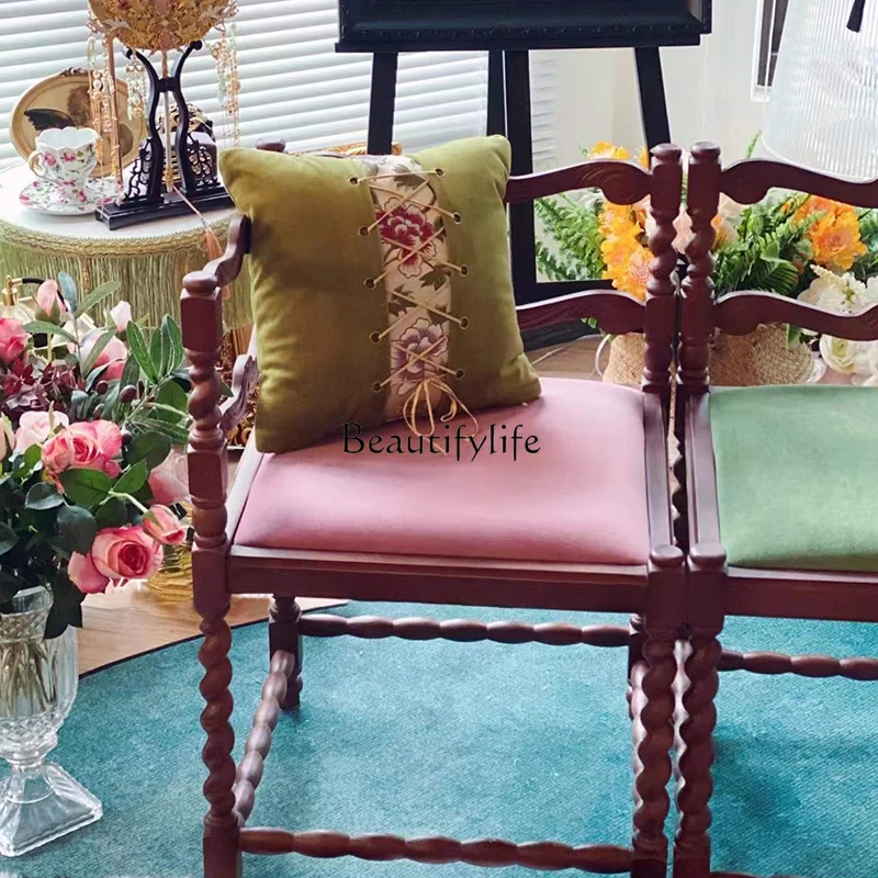 Solid Wood Carving Corner Chair Retro Make-up Chair Light Luxury