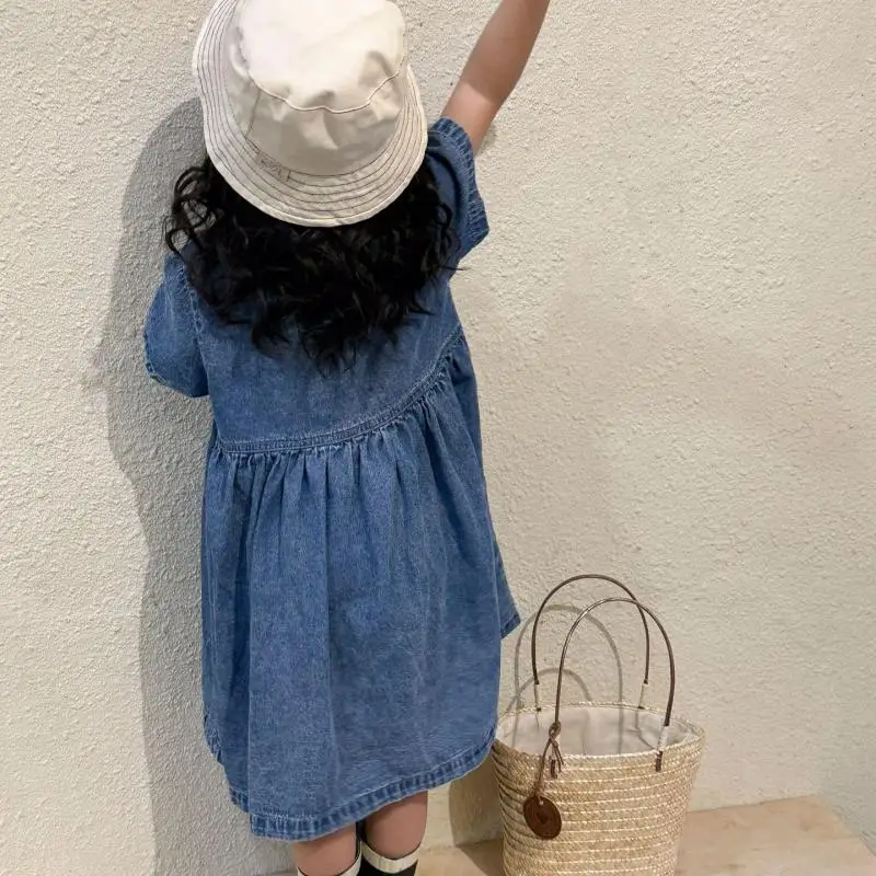 Summer Denim Set Turn-down Collar T-shirt Simple Shorts Jeans Girls\' Dresses Sibling Outfits Casual Dresses For Children Girls