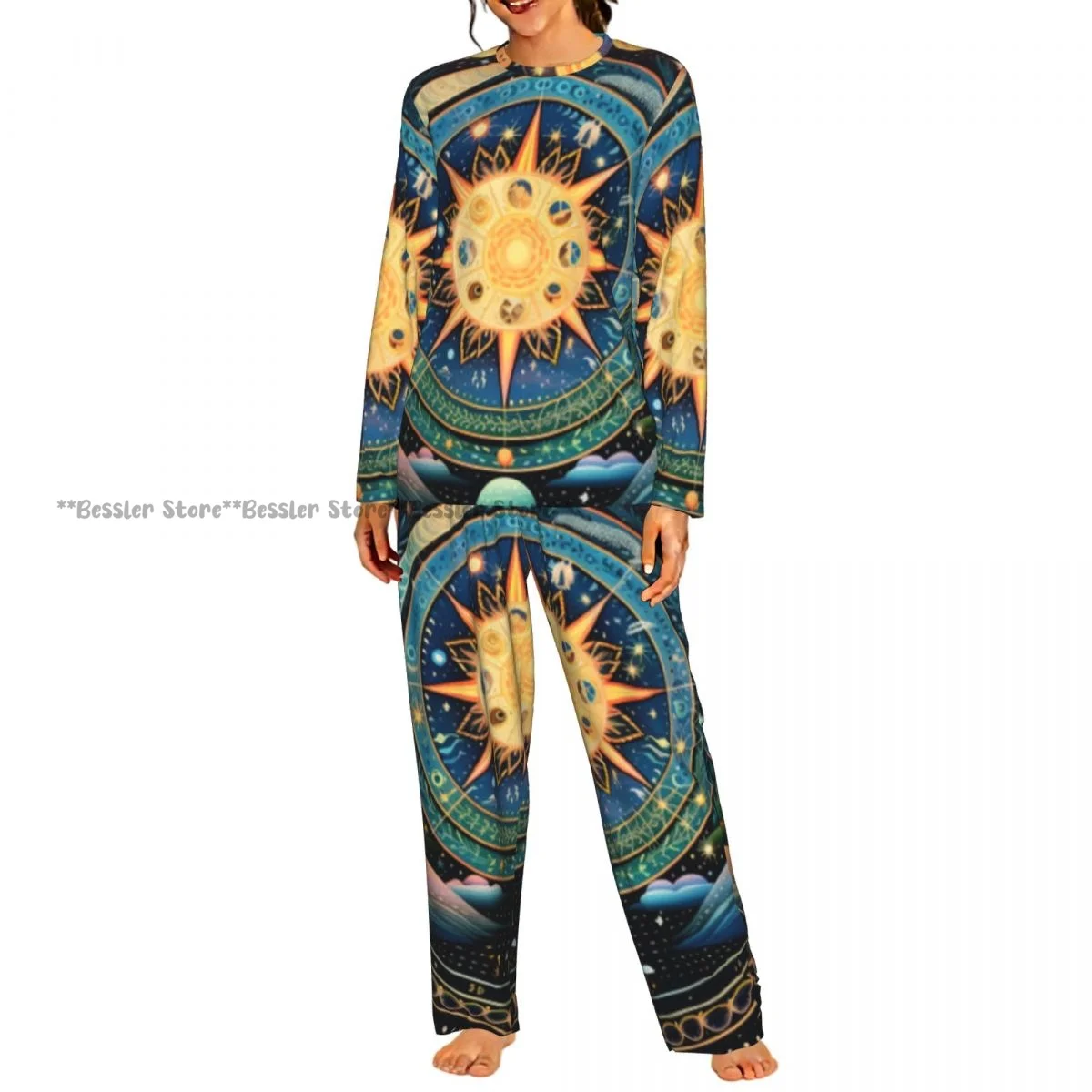 Women Round Neck 2PCS Sleepwear Set Long Sleeve Shirt & Long Pants Enchanting World Of Celestial Secrets Daily Home Loungewear