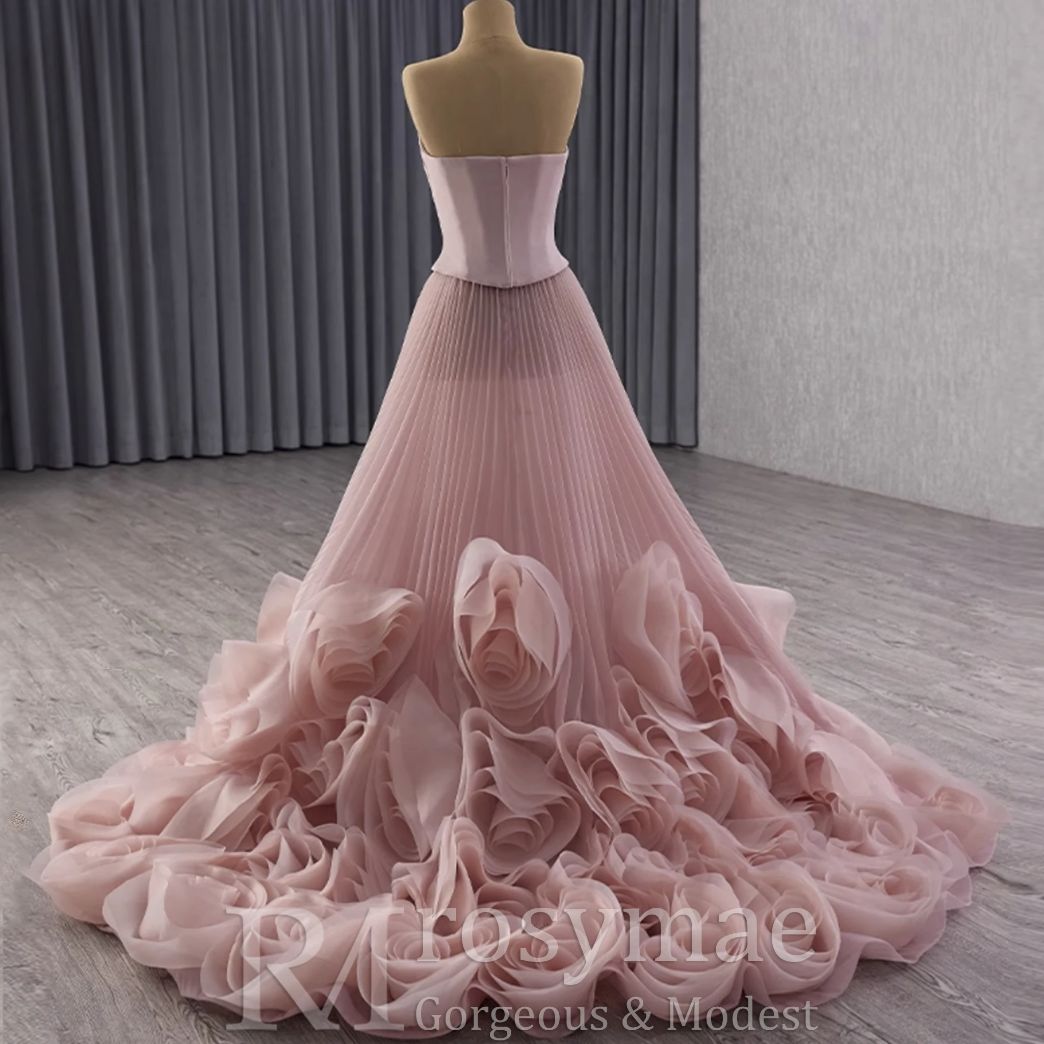 فستان رسمي طويل بدون حمالات من Rosymae مع كشكشة وزهور ثلاثية الأبعاد فستان حفلات أنيق لحفلات الزفاف ومناسبات الشاطئ والحفلات #6