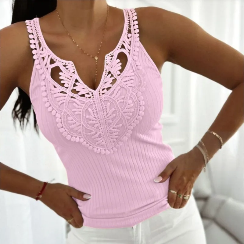 2025 Summer Contrast Lace Tank Vest Womens Solid V Neck Sleeveless Hollow Out Knit Mesh Tops Casual Slim Fit T-Shirt Basics Tank