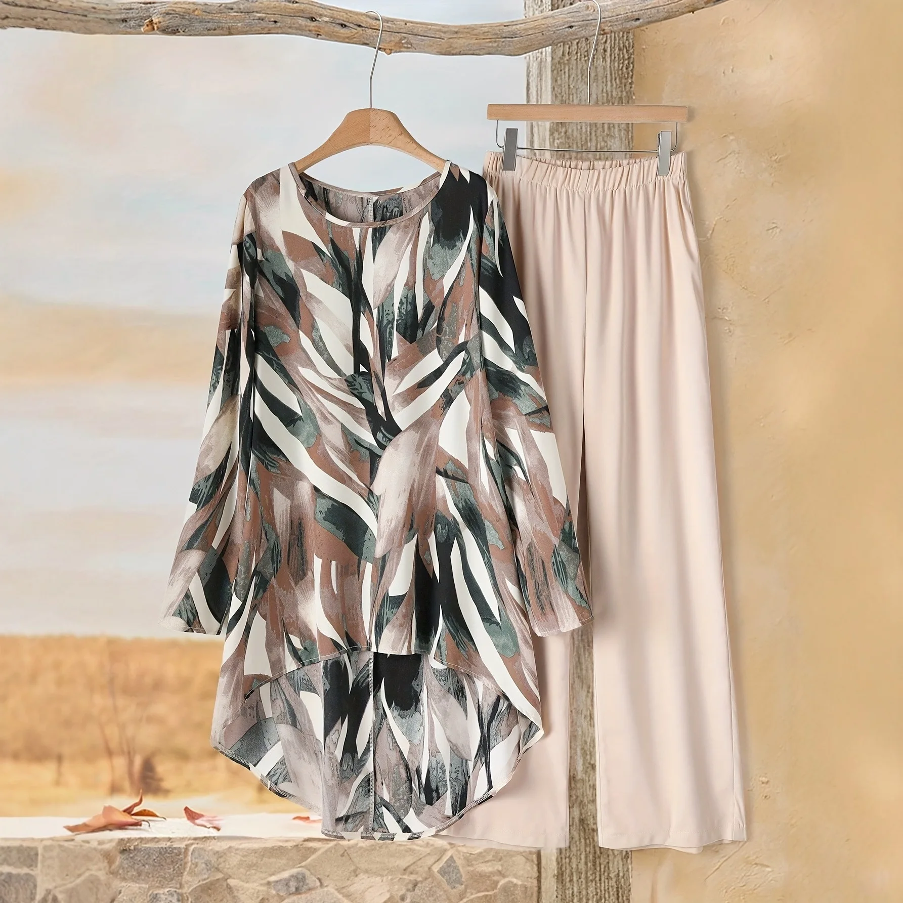 Traje Retro de dos piezas con estampado de manga tres cuartos para mujer, Top informal con cuello redondo, conjunto de 2 piezas, ropa para mujer