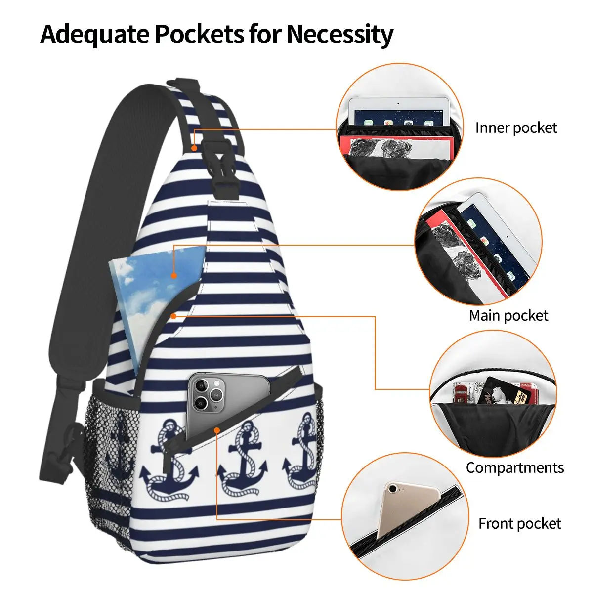 Náutico Stripes Âncora Pequeno Sling Sacos Peito Crossbody Ombro Sling Mochila Outdoor Caminhadas Daypacks Leme Vela Marinha