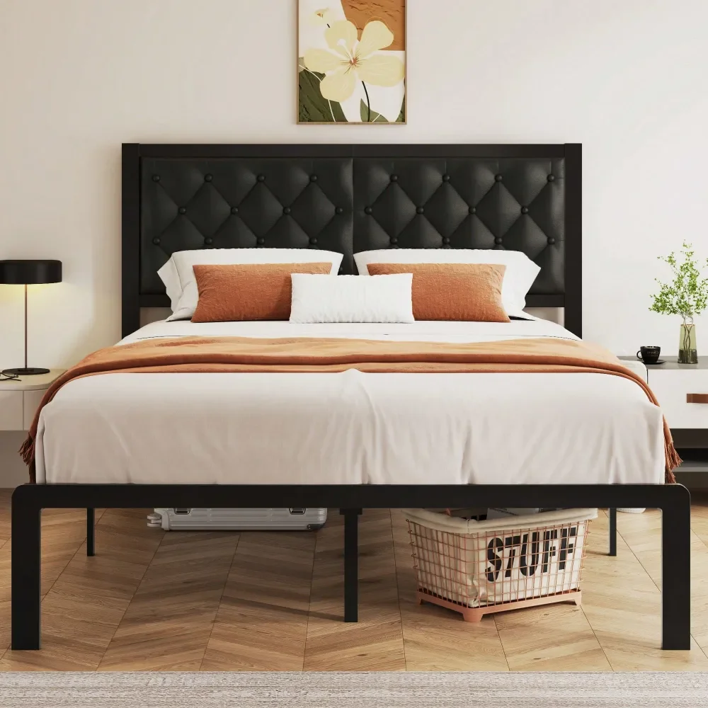 

Металлическая кровать Queen/Twin с мягким изголовьем и местом для хранения под кроватью, цельнометаллическая система поддержки, без коробчатого основания