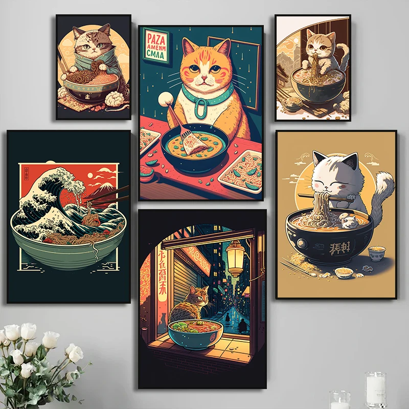 Funny Japan Art Sushi Cat Chef Ramen Poster Aesthetic Canvas Painting Print Wall Art Mural Kitchen Kawaii Dining Room Home Dceor