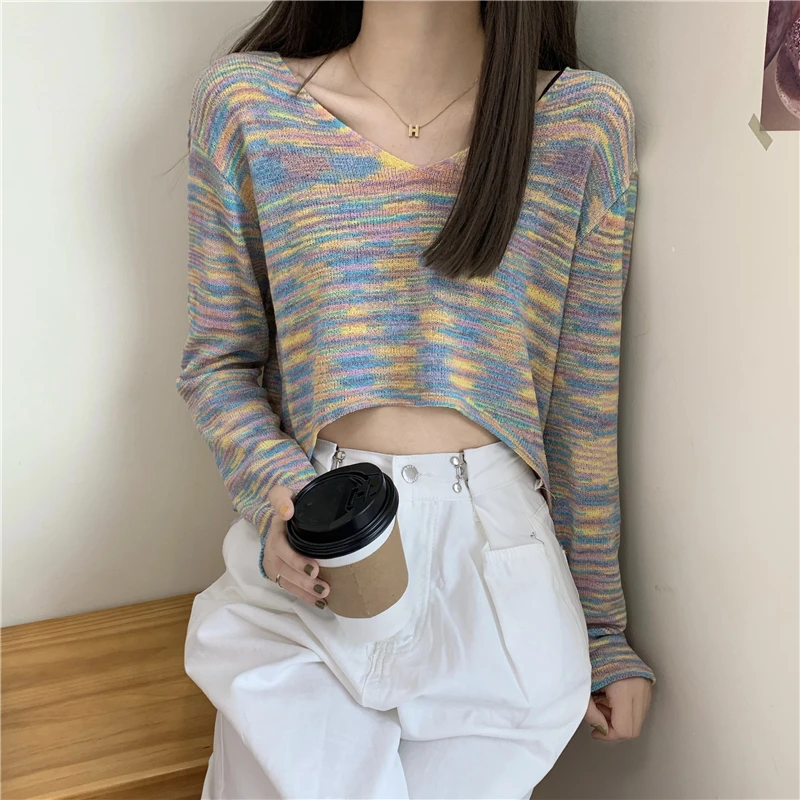 Rainbow Striped Knitted Sweater Women V-Neck Thin Cropped Tops Vintage Sexy Knitwear Casual Loose Long Sleeve Jumpers Streetwear