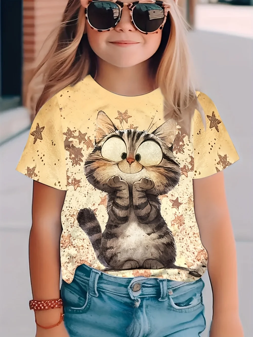 Kawaii القط الفتيات الملابس ثلاثية الأبعاد طباعة الأطفال تي شيرت س الرقبة البلوز فتاة تي شيرتات قصيرة الاكمام ملابس الأطفال مريحة