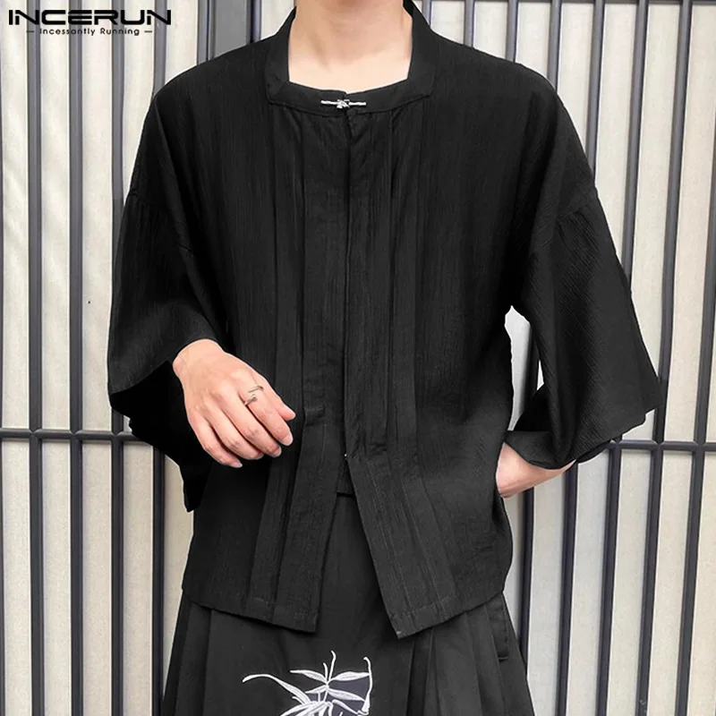 Men Shirt Solid Color Pleated Half Sleeve Vintage Casual Men Clothing 2024 Streetwear Loose Leisure Male Shirts S-5XL INCERUN