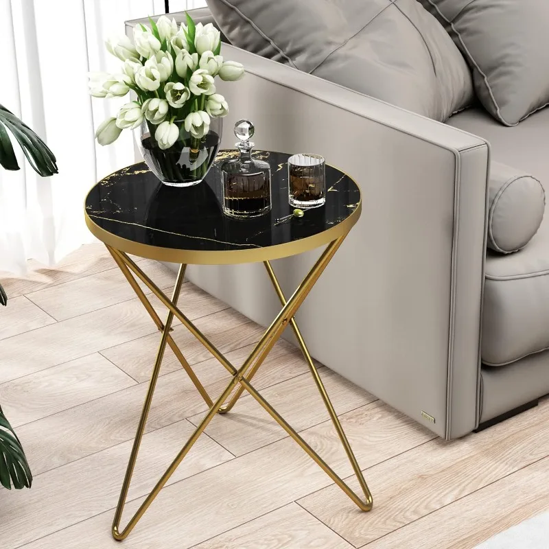 Modern Round Side Table with Marble Effect Top and Gold Metal Frame, Small End Tables for Living Room, Bedroom