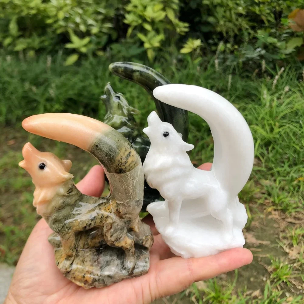 10cm Natural Stone Moon Howling Wolf Figurine Crystal Wolf Statue Fantasy Animal Desktop Healing HomeDecor Craft Gift 1pcs
