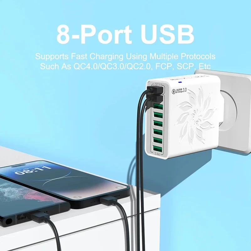 Adaptador de Alimentação USB Carregador Rápido, 8 Portas, Qc5.0, 120W, UE, EUA, Kr Ficha Disponível, iPhone 15, 14, 13, Xiaomi, Samsung